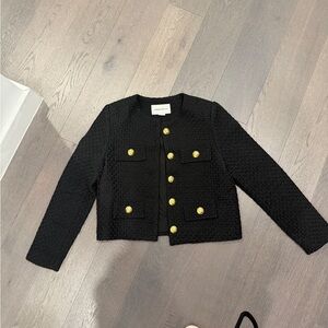 Black Wool Tweed Jacket with Gold Buttons